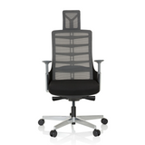 Siège de bureau haut de gamme SKARIF noir et gris avec dossier en maille et piètement à cinq roulettes de hjh OFFICE – vue à 360° (vue de face 0°)