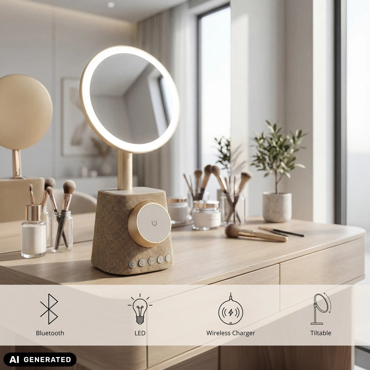 Miroir de maquillage Glamlody doré avec éclairage LED et chargeur sans fil de hjh OFFICE (image générée par IA)
