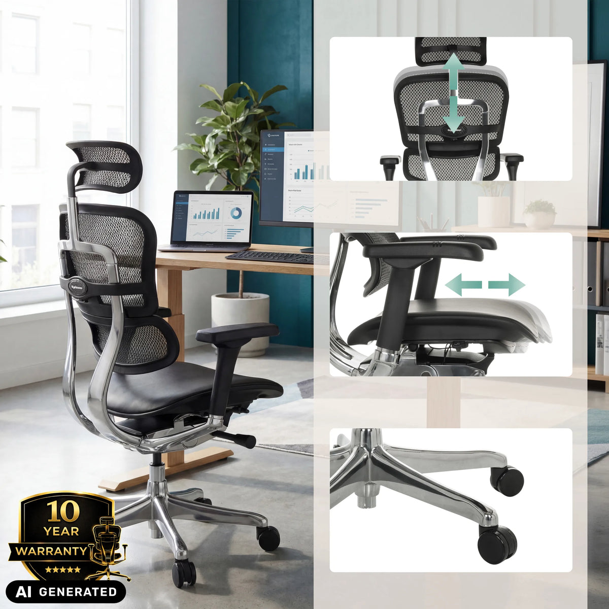 Siège de direction de luxe ERGOHUMAN GEN2 avec appui-tête réglable, accoudoirs et pied en étoile de hjh OFFICE (image générée par IA)