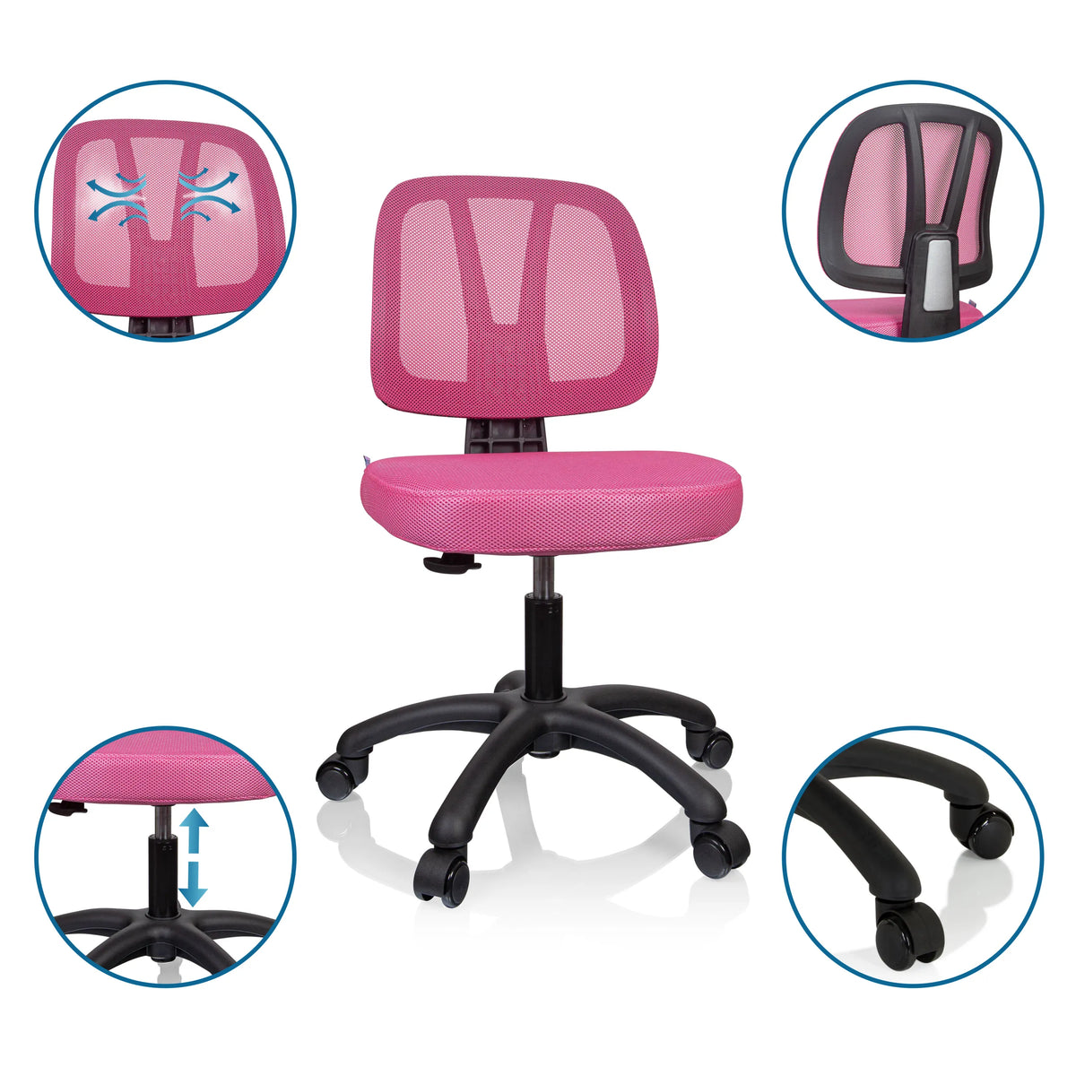 Chaise pivotante pour des enfants KID YU 200 rose avec dossier en maille, assise réglable en hauteur et roulettes de hjh OFFICE