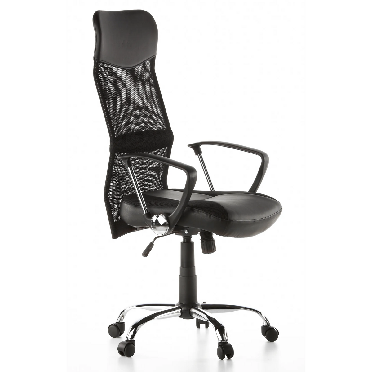 Siège de direction pour bureau à domicile STRYKA noir, dossier maille, assise similicuir et pied étoilé de hjh OFFICE – vue à 360° (vue de trois quarts avant 60°)