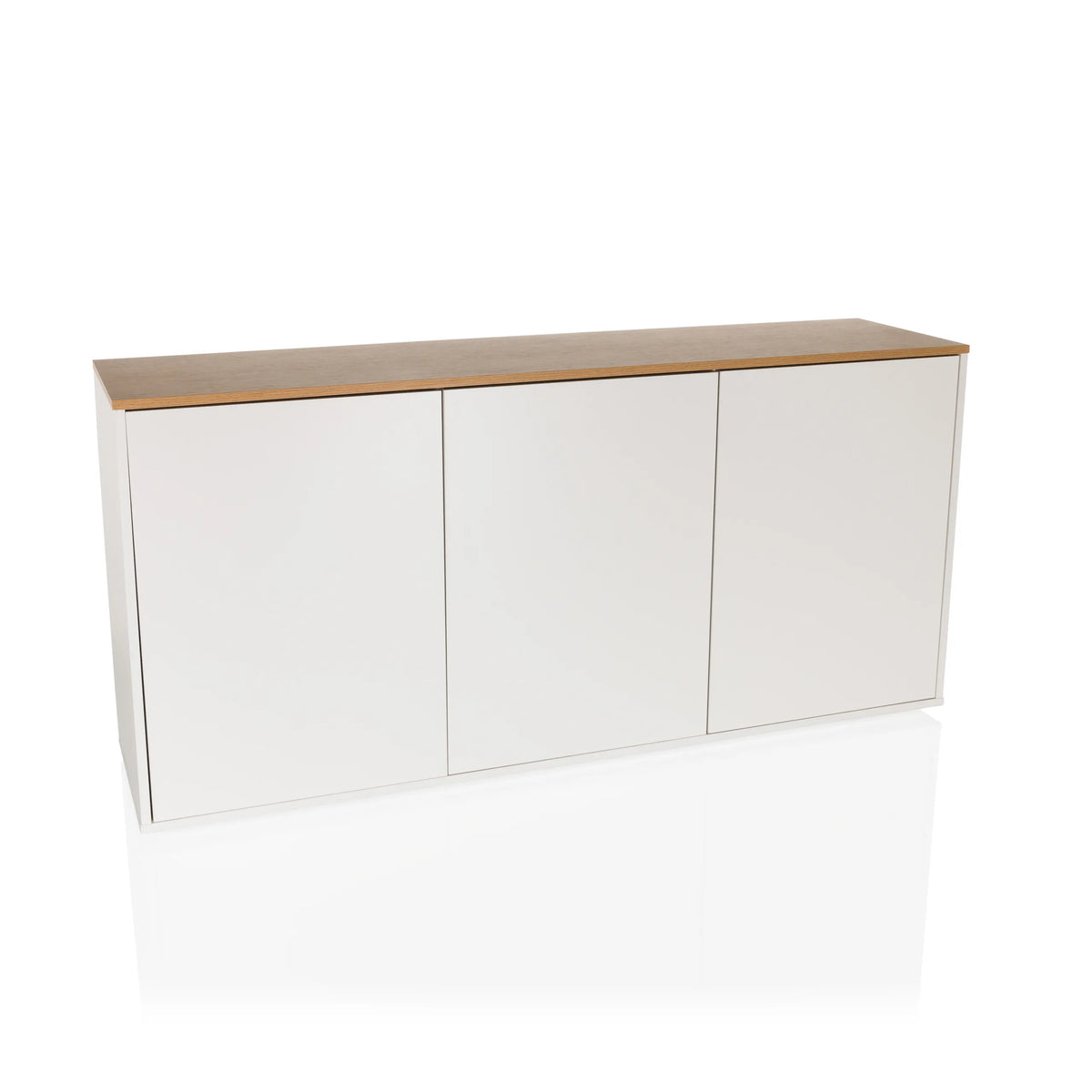 Buffet blanc KELO S avec un plateau aspect chêne et trois portes de hjh LIVING – vue à 360° (vue de face 15°)