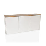 Buffet blanc KELO S avec un plateau aspect chêne et trois portes de hjh LIVING – vue à 360° (vue de face 15°)