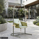 Fauteuil suspendu Skylo en vert et beige avec rembourrage rayé et structure en métal de hjh LIVING (image générée par IA)