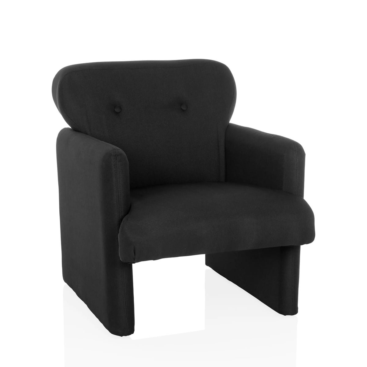 Fauteuil de salon CARIPITO noir avec revêtement en tissu et deux boutons sur le dossier de hjh LIVING – vue à 360° (vue de face 15°)