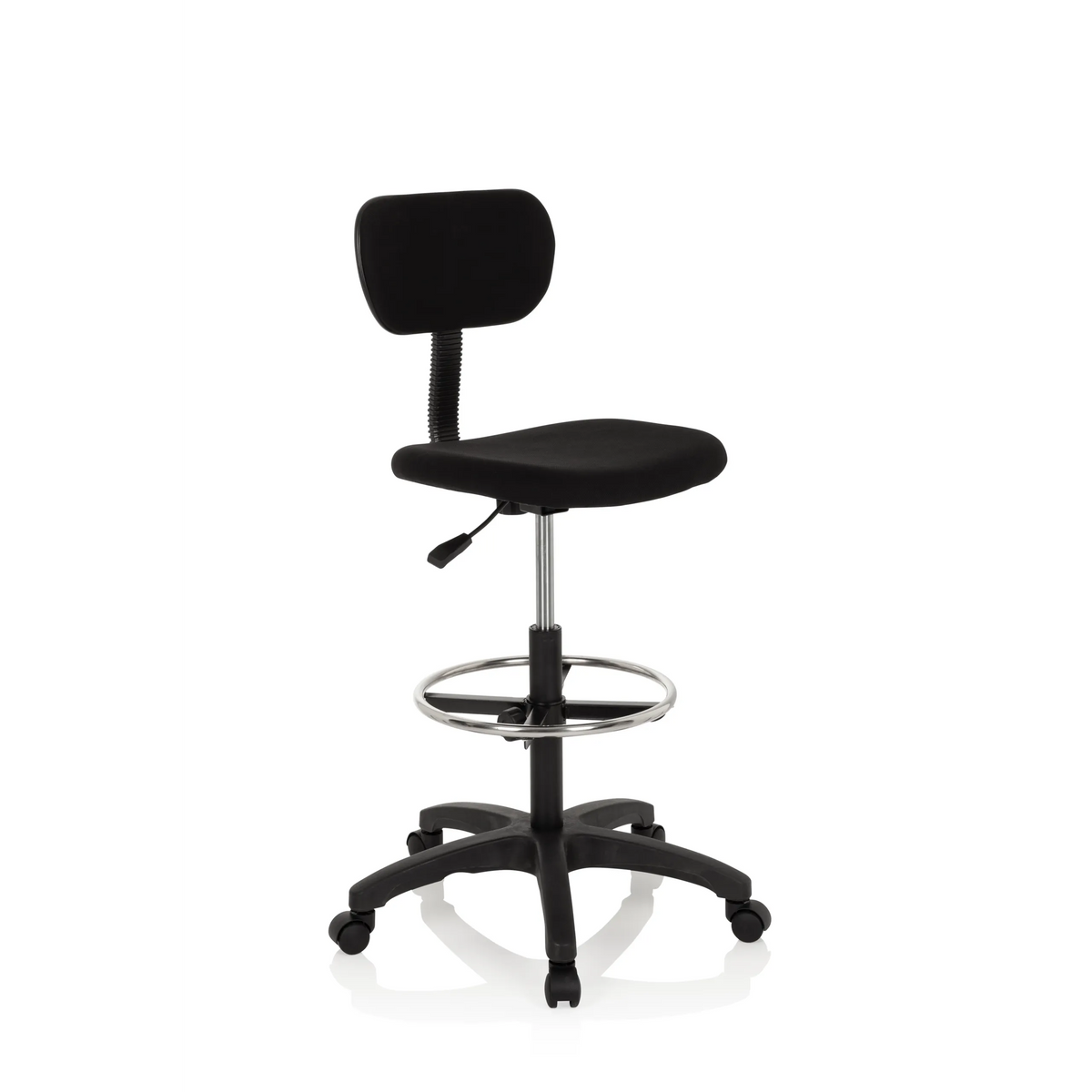 Chaise de comptoir TOP WORK 05 noire avec repose-pieds et piètement à cinq roulettes de hjh OFFICE – vue à 360° (vue de trois quarts avant 40°)