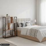 Étagère Kalag Eco en noir et chêne à côté d'un lit de hjh LIVING (image générée par IA)