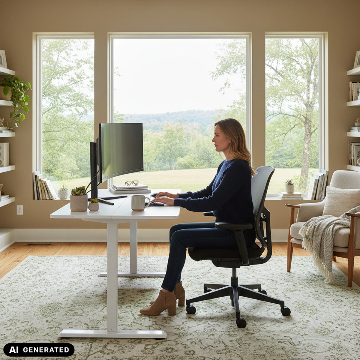 Bureau réglable en hauteur électriquement Worktime en blanc de hjh OFFICE (image générée par IA)