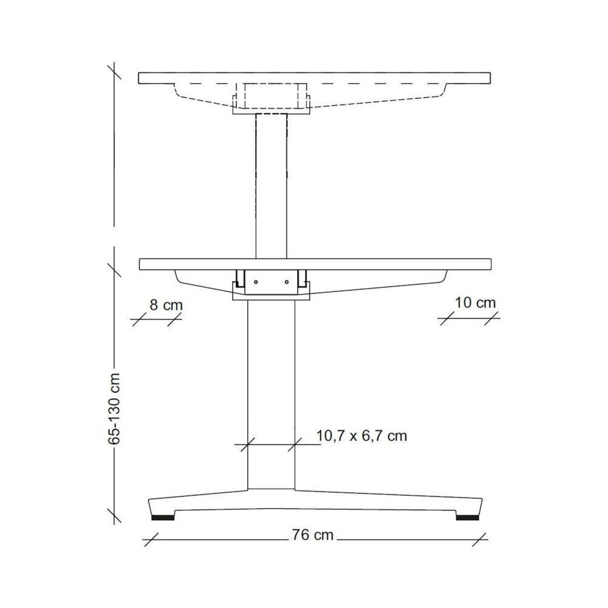 Maßzeichnung des höhenverstellbaren Schreibtisches XBHM 16 WW mit einer Höhe von 65-130 cm von hjh OFFICE PRO