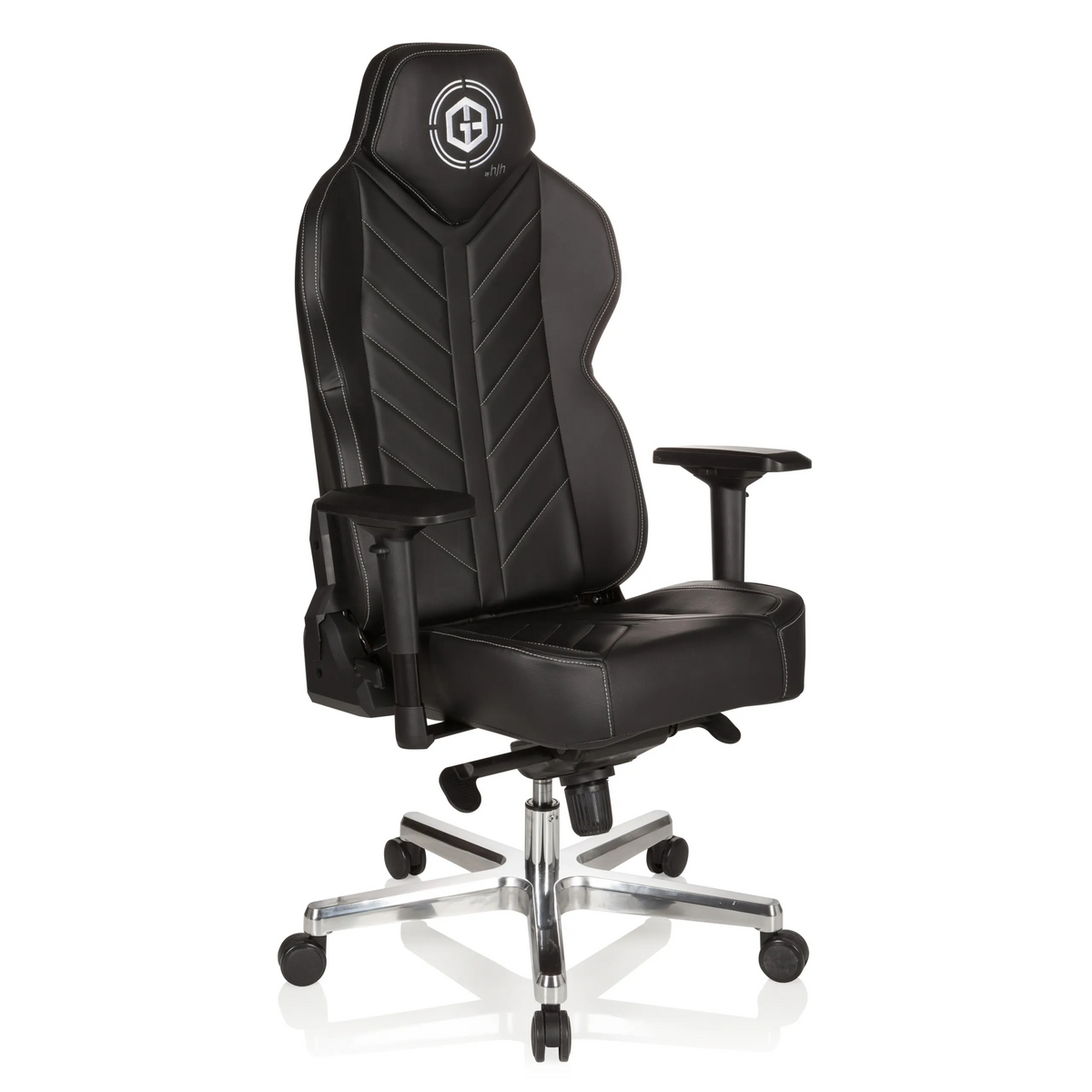 Fauteuil Gamer GAMEBREAKER COLOSSUS noir avec accoudoirs et piètement brillant à cinq roulettes de hjh OFFICE – vue à 360° (vue de trois quarts avant 40°)