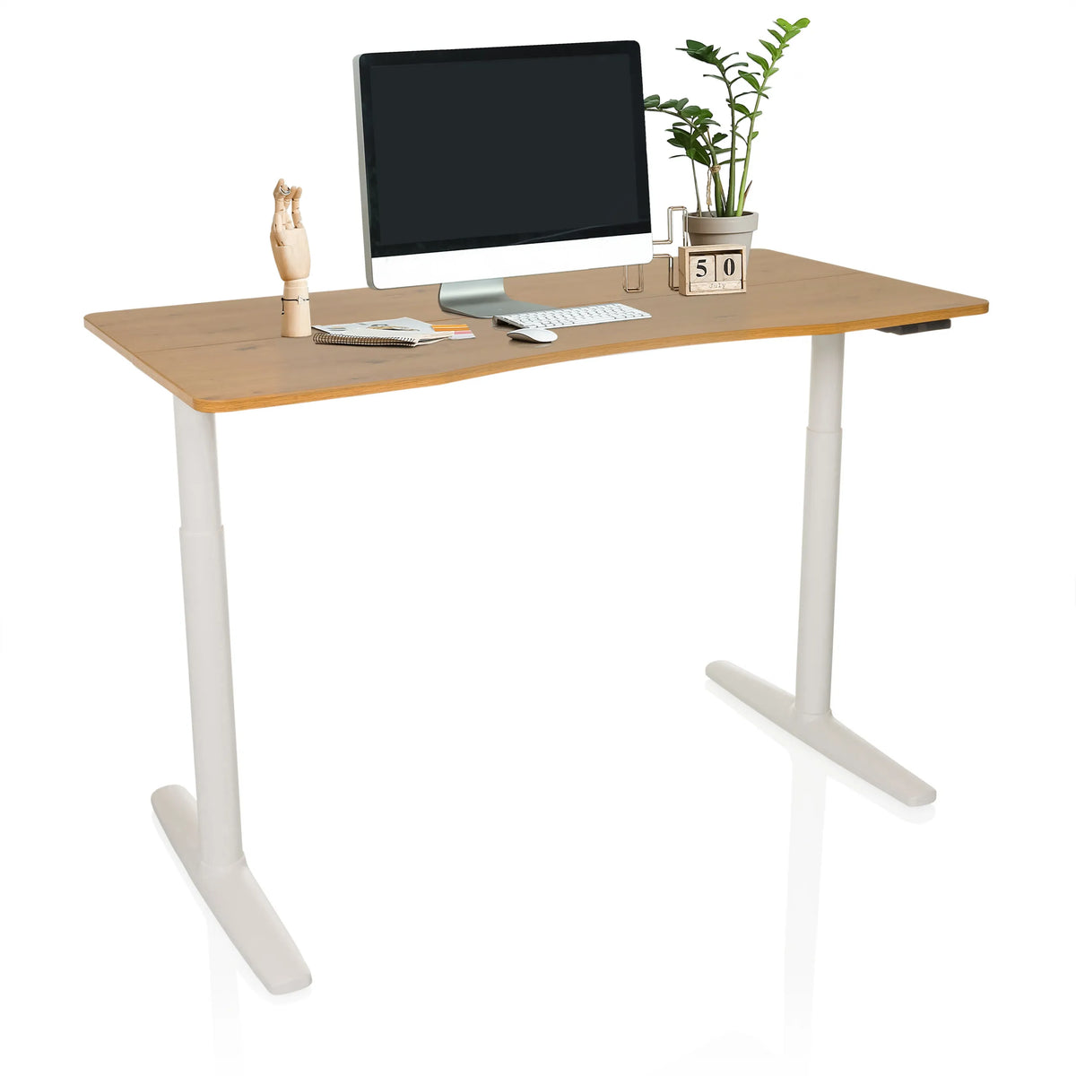 Bureau réglable en hauteur électriquement STAND PRO R en chêne avec pieds blancs de hjh OFFICE
