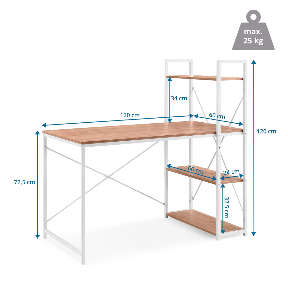 Dessin coté du bureau Easy Up3 de 120 × 60 cm et d'une hauteur totale de 120 cm de hjh LIVING