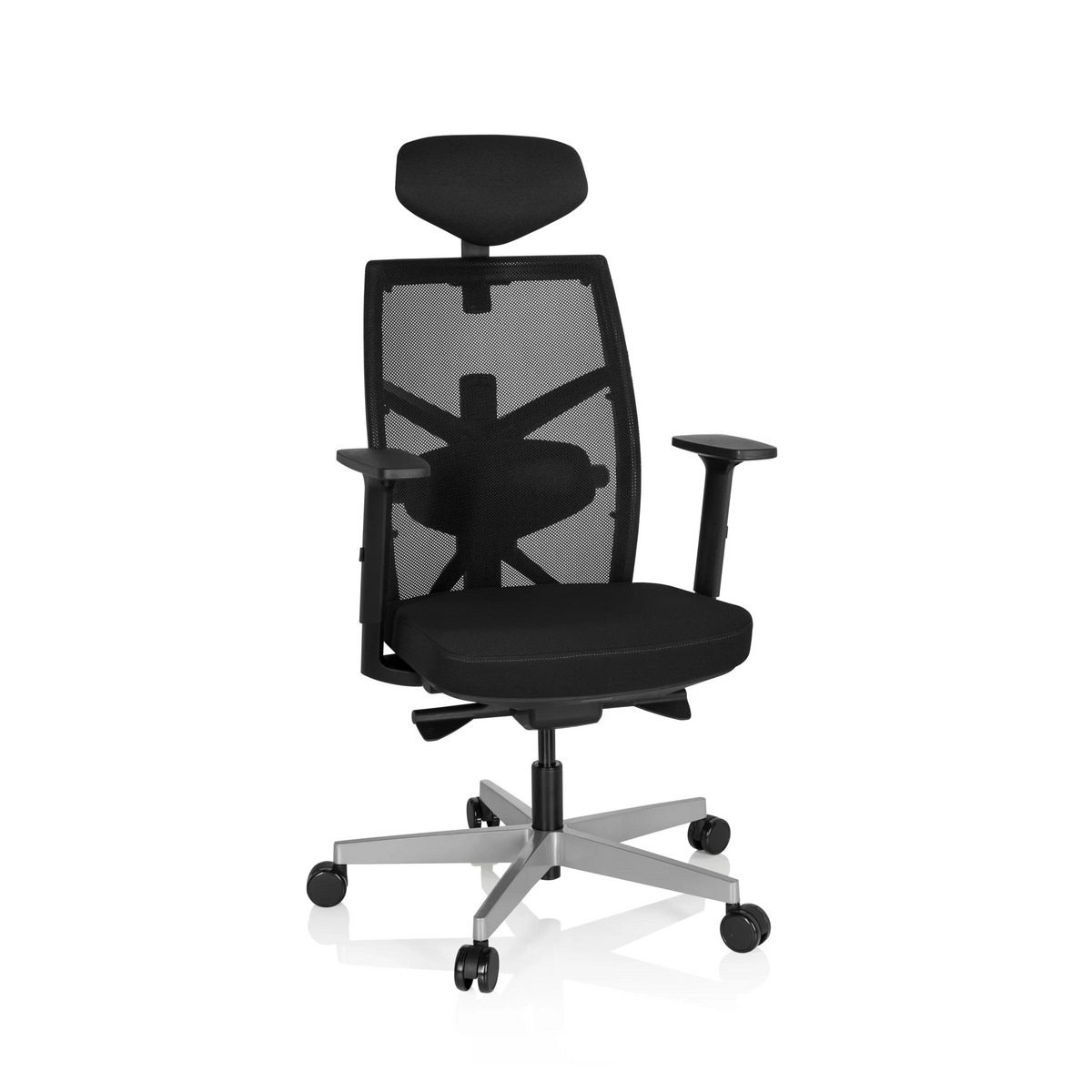 Siège de bureau de qualité professionnelle BELLAC noir, dossier maille, appui-tête et base 5 roulettes de hjh OFFICE – vue à 360° (vue de face 20°)