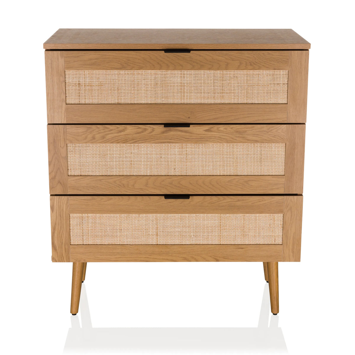 Commode BOHEO K couleur chêne avec trois tiroirs en cannage viennois et quatre pieds de hjh LIVING – vue à 360° (vue de face 0°)