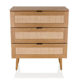 Commode BOHEO K couleur chêne avec trois tiroirs en cannage viennois et quatre pieds de hjh LIVING – vue à 360° (vue de face 0°)