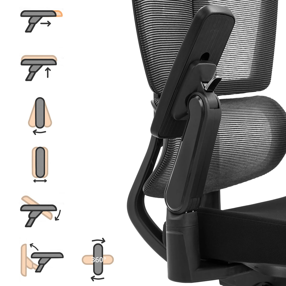 Accoudoir réglable en quatre dimensions du siège de bureau de qualité professionnelle Ergo U2 Flex3 avec schémas fonctionnels de hjh OFFICE