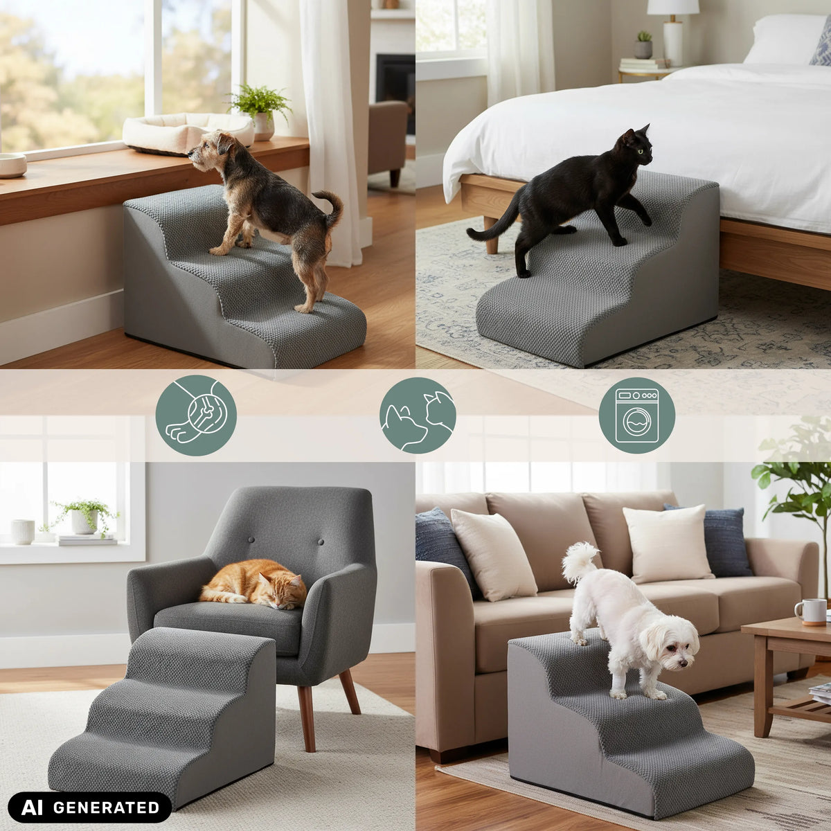 Escabeau pour animaux de compagnie PAWY STEP 3 gris dans différentes situations d'utilisation de hjh LIVING (image générée par IA)