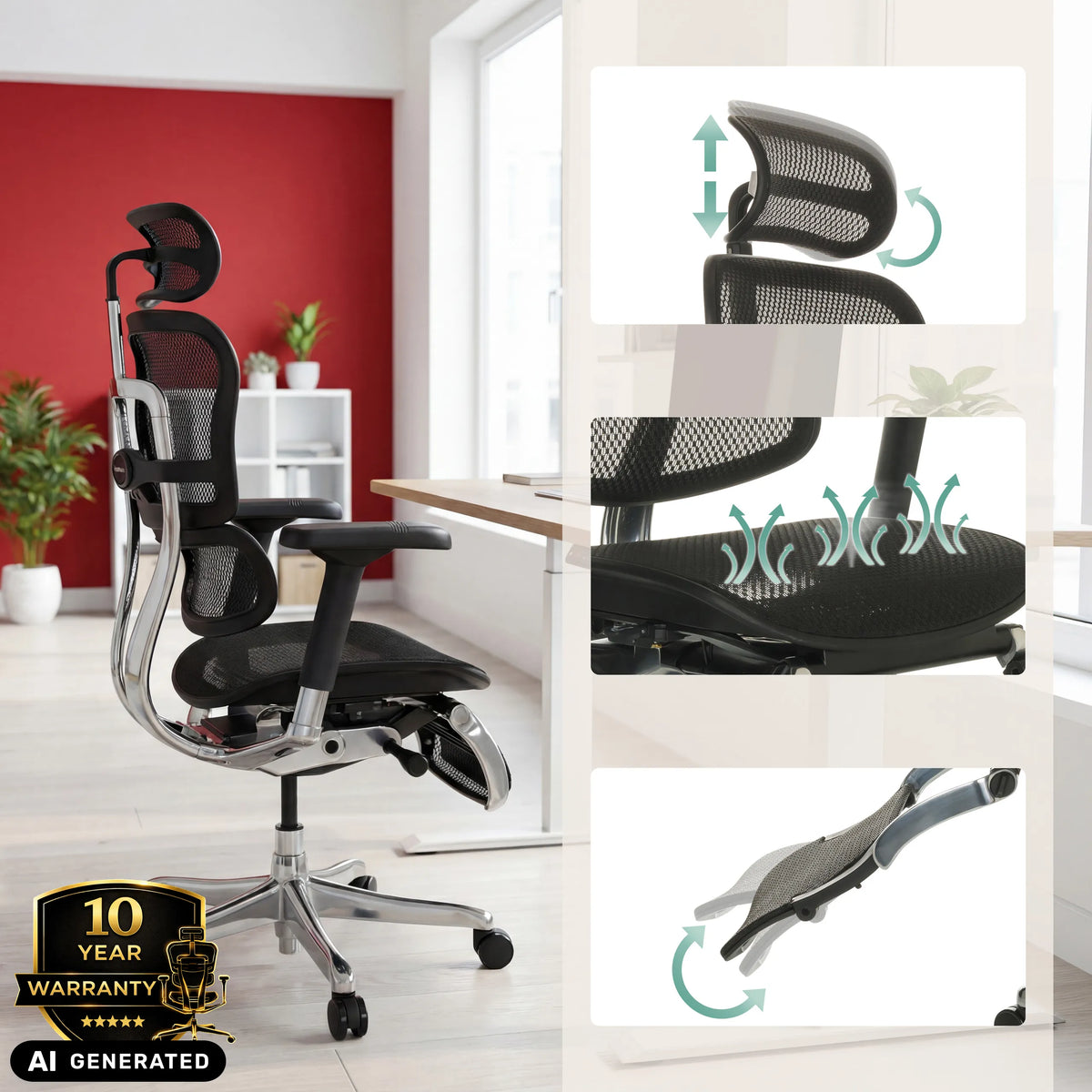 Appui-tête réglable et revêtement en maille du siège de direction de luxe ERGOHUMAN PLUS LEGPRO GEN2 de hjh OFFICE (image générée par IA)