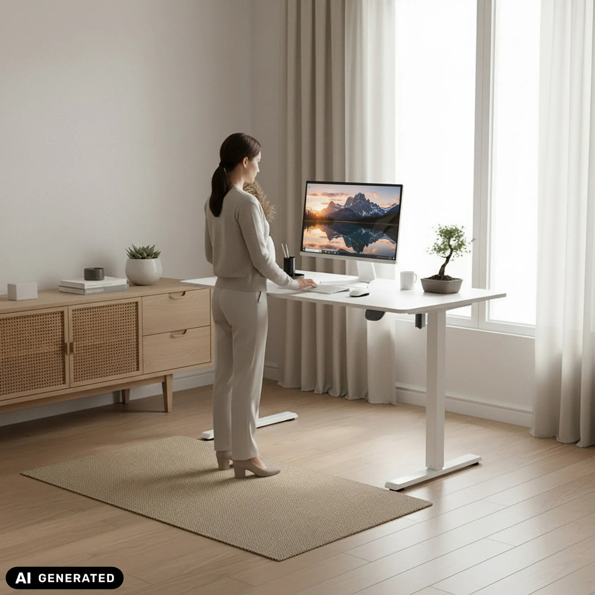 Elektrisch höhenverstellbarer Schreibtisch Worktime in Weiß im Einsatz von hjh OFFICE (KI-generiertes Bild)