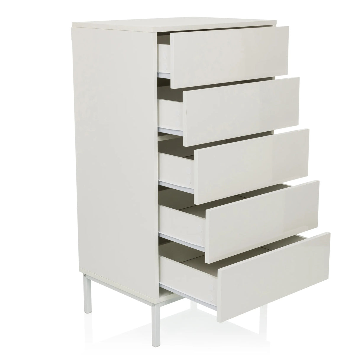 Commode blanche BJORDAL avec cinq tiroirs légèrement ouverts sur quatre pieds fins en métal de hjh LIVING