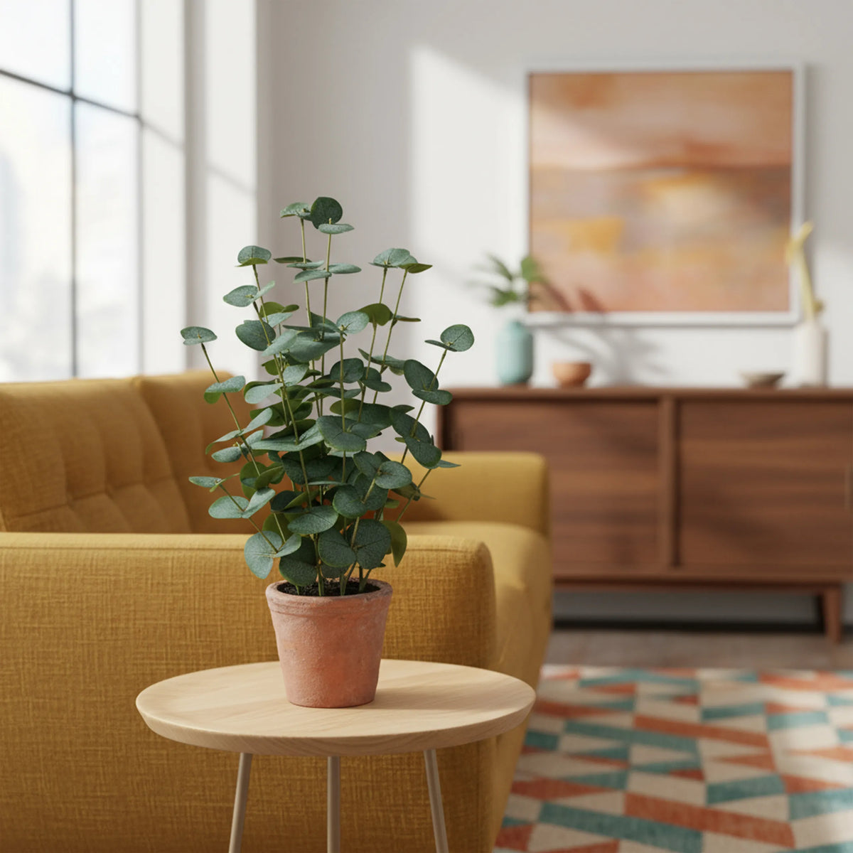 Plante artificielle verte Eucalyptus dans un pot terracotta sur une table d'appoint de hjh OFFICE