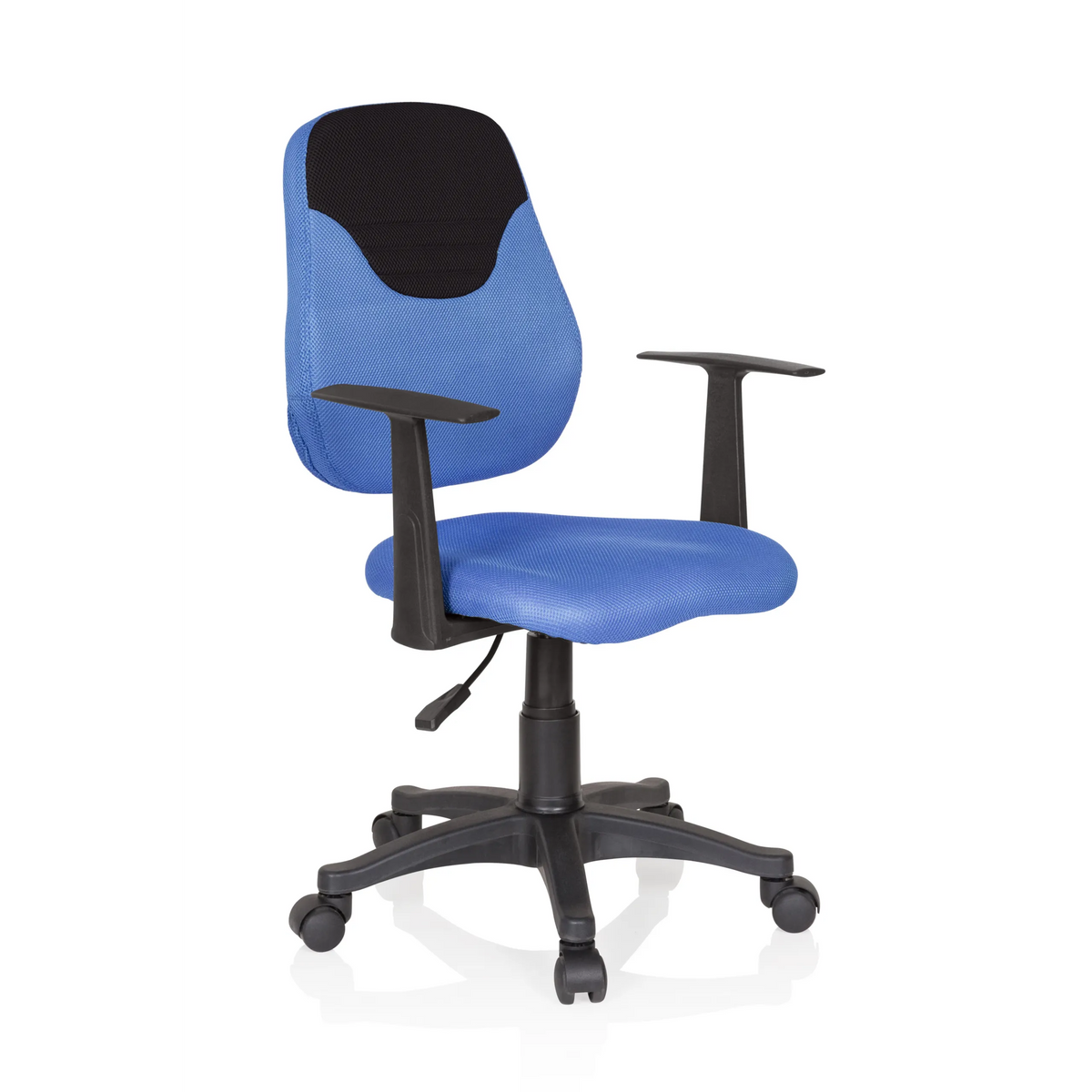 Chaise pivotante pour des enfants KIDDY STYLE bleue avec dossier en maille, accoudoirs et base à cinq roulettes de hjh OFFICE – vue à 360° (vue de trois quarts avant 40°)