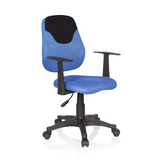 Chaise pivotante pour des enfants KIDDY STYLE bleue avec dossier en maille, accoudoirs et base à cinq roulettes de hjh OFFICE – vue à 360° (vue de trois quarts avant 40°)