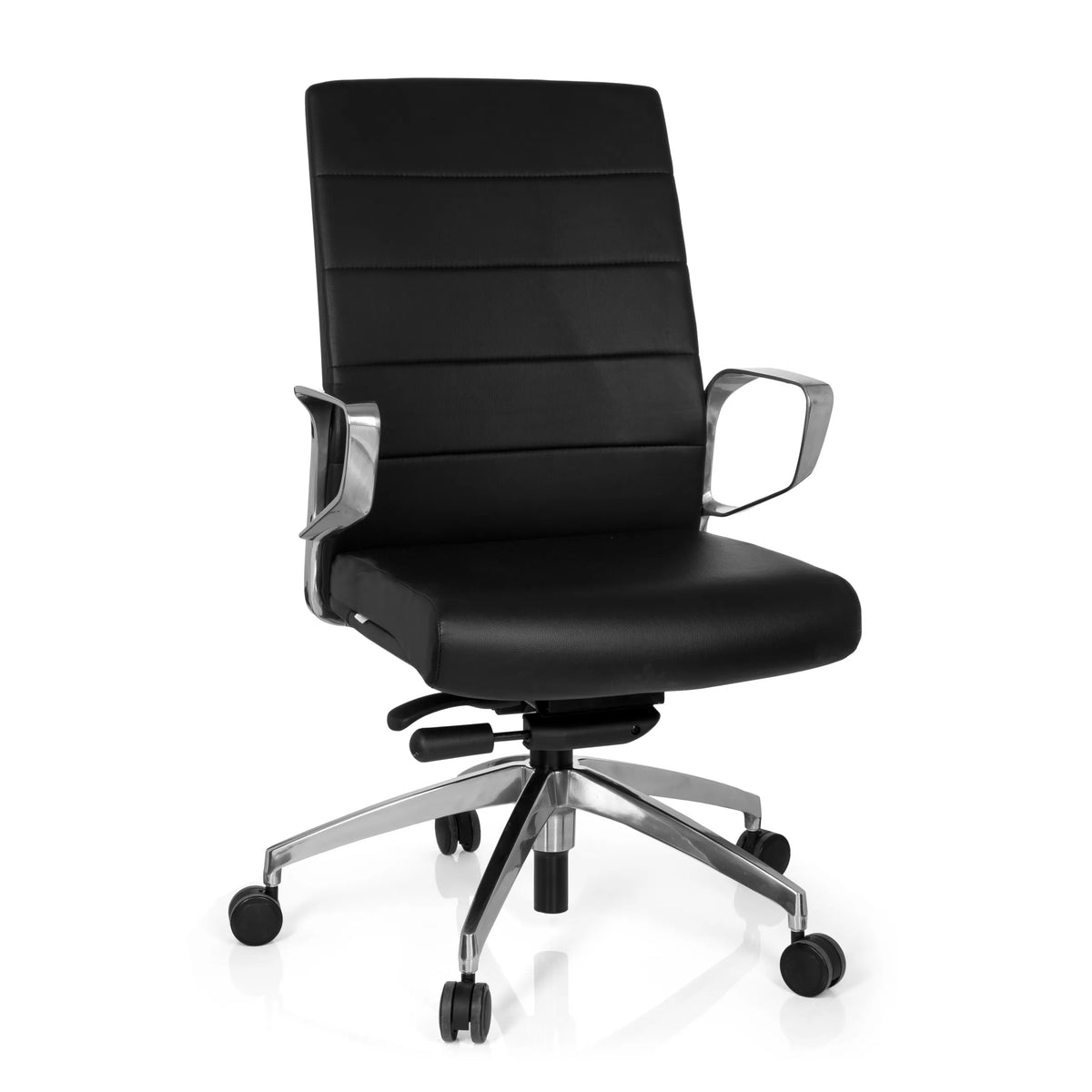 Siège de bureau de qualité professionnelle PROVIDER noir avec rembourrage capitonné et base à cinq roulettes de hjh OFFICE – vue à 360° (vue de face 20°)