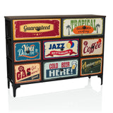 Commode AMERIKO B avec six tiroirs vintage imprimés colorés et pieds noirs de hjh LIVING – vue à 360° (vue de face 15°)