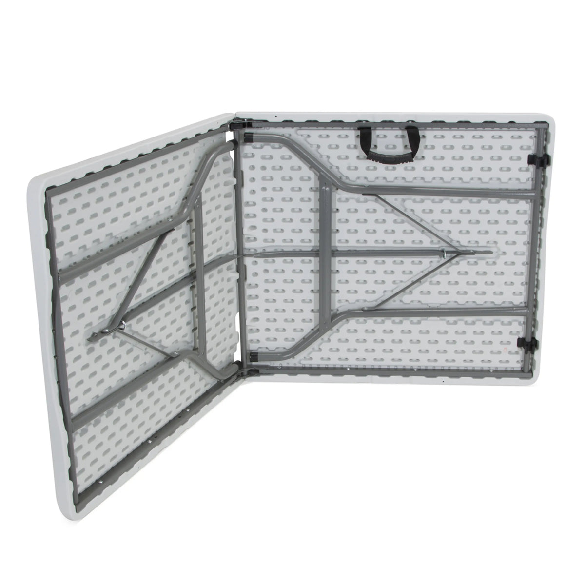 Dessous avec mécanisme de pliage et poignée de transport de la Table pliante EASY UP MULTI II en blanc de hjh OFFICE
