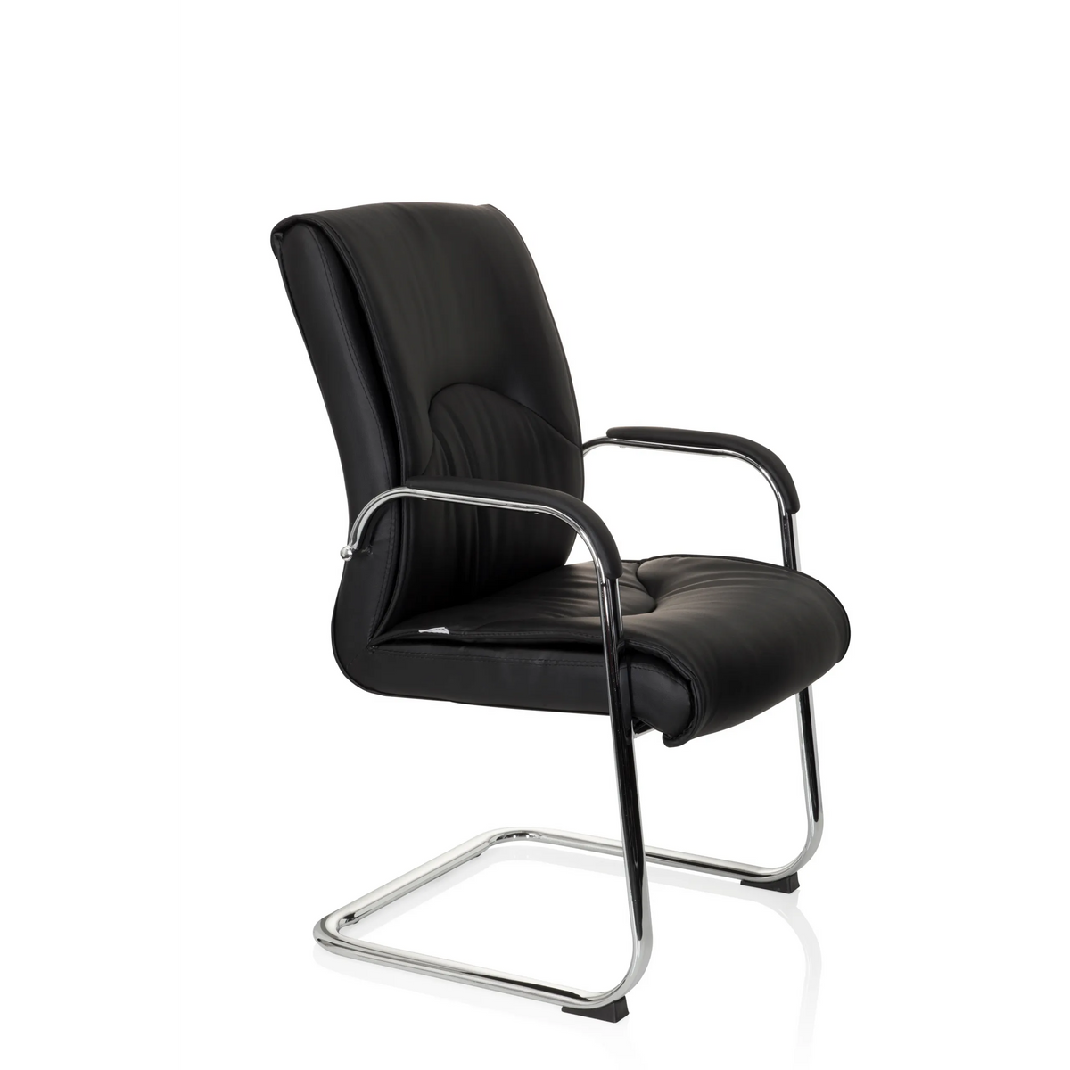 Chaises cantilever SOVRANO V noire avec accoudoirs et piètement luge chromé de hjh OFFICE – vue à 360° (vue de trois quarts avant 60°)