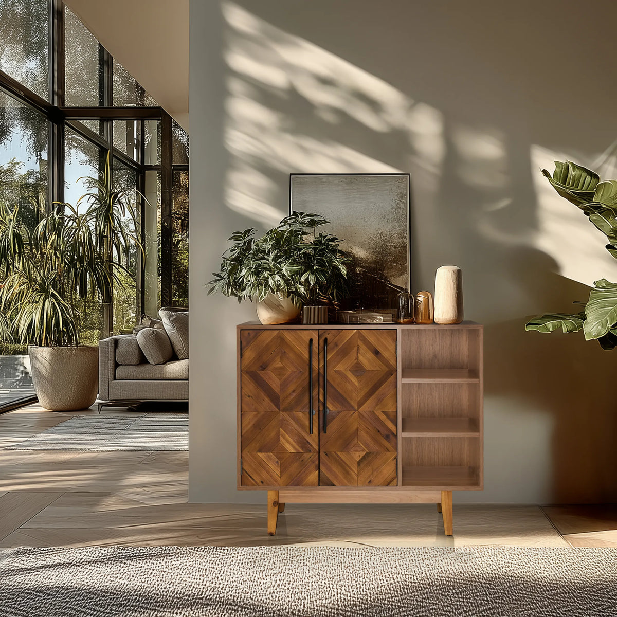 Commode SANTJAGO WOOD L aspect bois marron foncé avec deux portes et une étagère ouverte de hjh LIVING