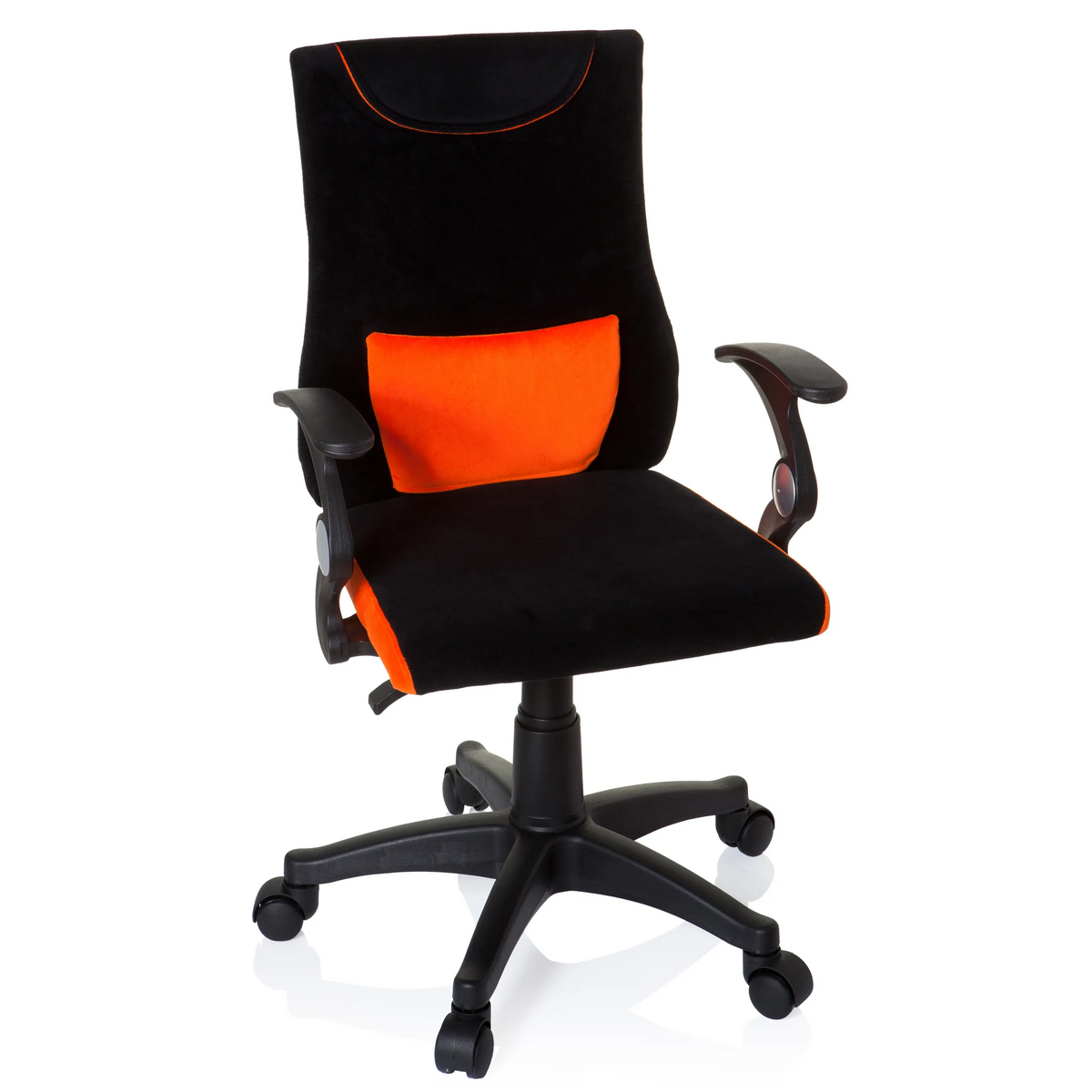 Chaise pivotante pour des enfants KIDDY PRO AL noir et orange avec coussin lombaire et base à cinq roulettes de hjh OFFICE – vue à 360° (vue de face 20°)