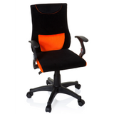 Chaise pivotante pour des enfants KIDDY PRO AL noir et orange avec coussin lombaire et base à cinq roulettes de hjh OFFICE – vue à 360° (vue de face 20°)