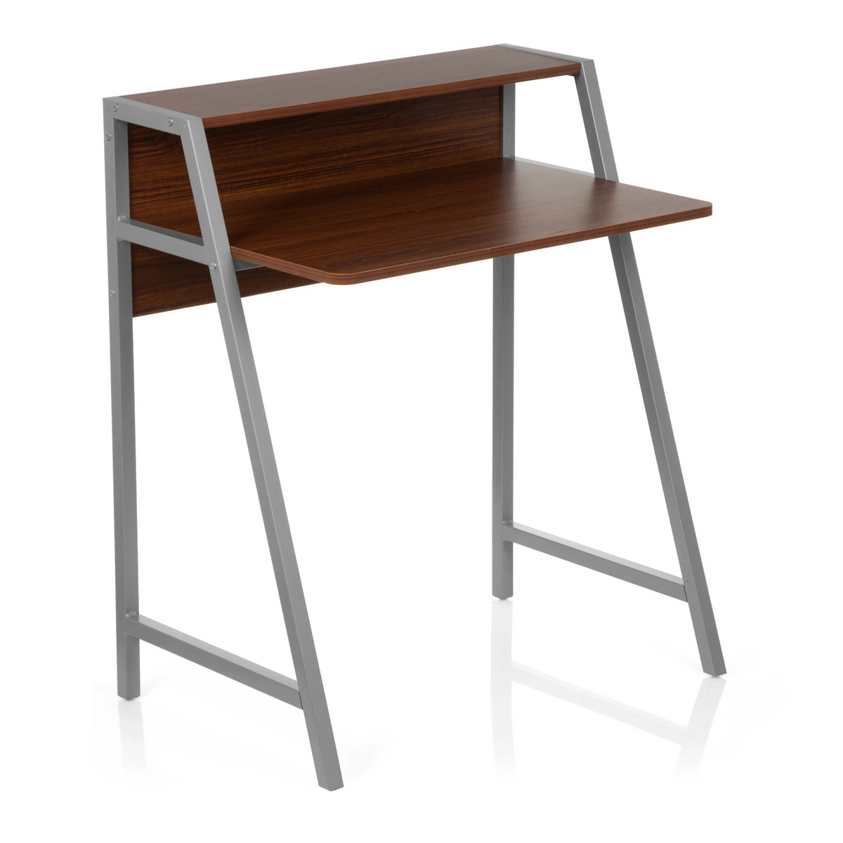 Bureau DUMONT couleur noyer avec structure argentée et rehausse de hjh OFFICE – vue à 360° (vue de trois quarts avant 40°)