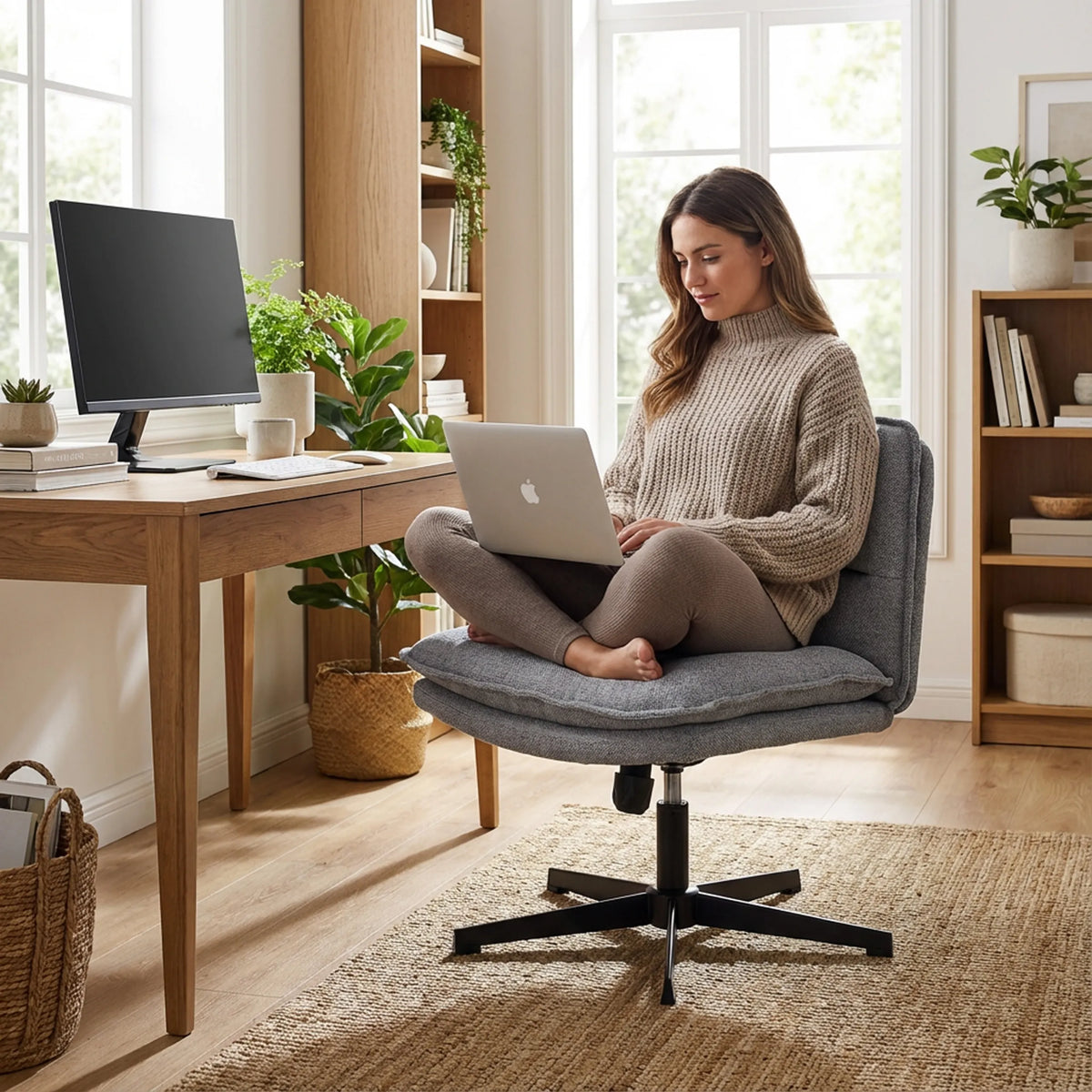 Fauteuil de salon Criss-Cross 20 gris foncé avec pied en étoile dans une pièce lumineuse avec un bureau de hjh LIVING