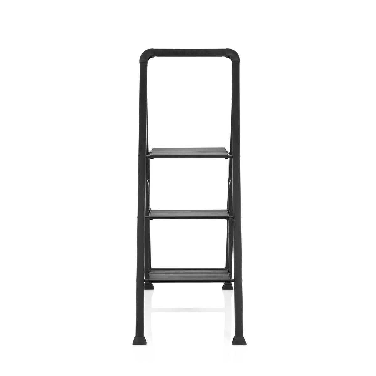 Échelle pliante SOLID W6 noire avec trois marches et une poignée de hjh OFFICE – vue à 360° (vue de face 0°)