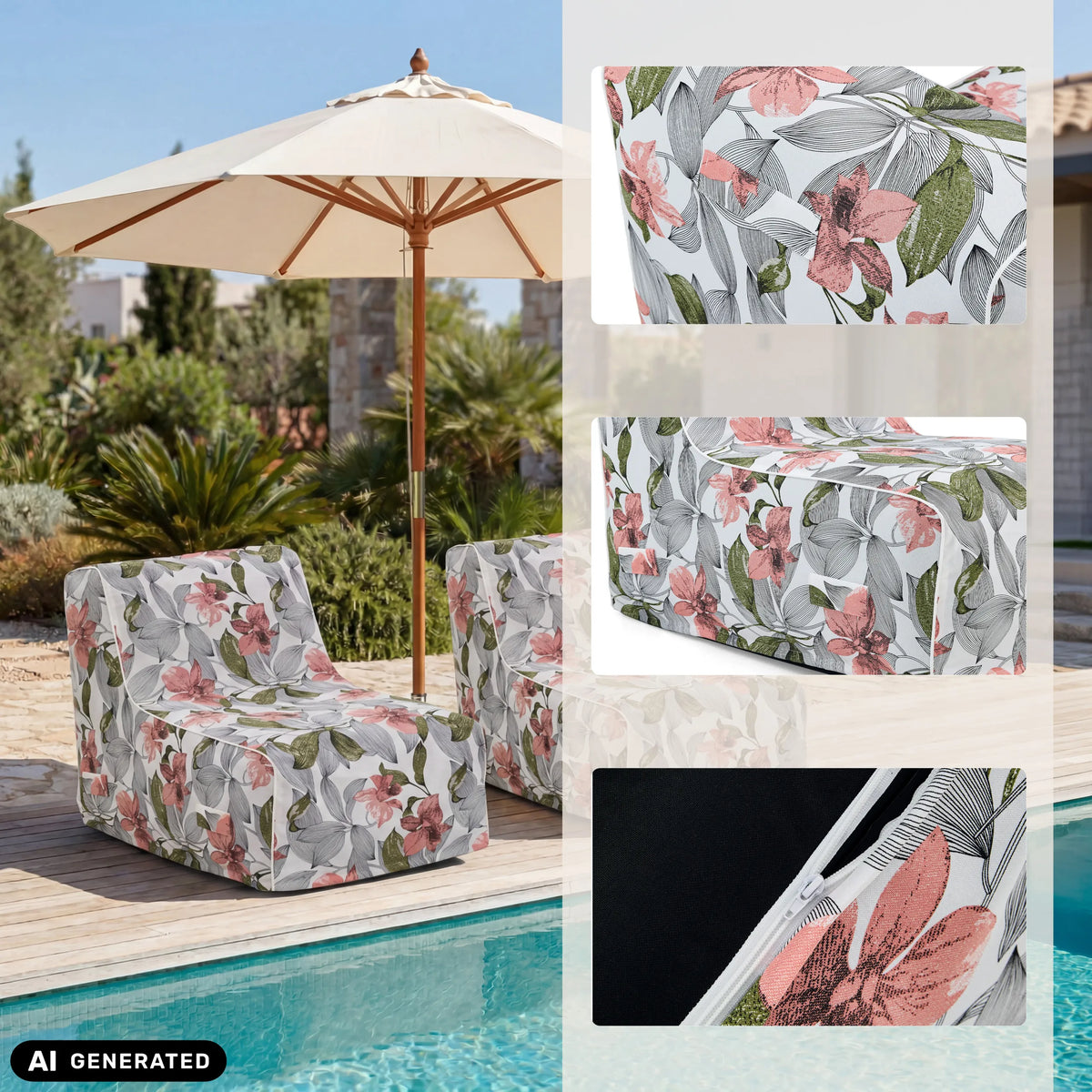 Canapé gonflable Sitzolo Air avec motif floral blanc, gris et rose de hjh LIVING (image générée par IA)