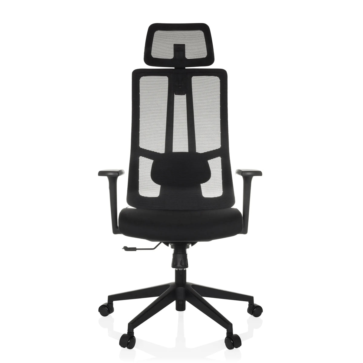 Siège de bureau de qualité professionnelle TRAMORE noir avec dossier en maille et base à cinq roulettes de hjh OFFICE – vue à 360° (vue de face 0°)