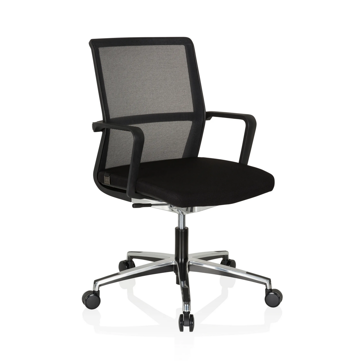 Siège de bureau de qualité professionnelle MOVE-TEC NET 3D noir avec dossier en maille et base à cinq roulettes de hjh OFFICE – vue à 360° (vue de trois quarts avant 40°)