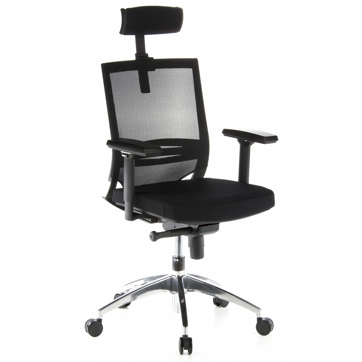 Siège de bureau de qualité professionnelle PORTO MAX noir, dossier maille, appuie-tête et base à 5 roulettes de hjh OFFICE – vue à 360° (vue de trois quarts avant 40°)
