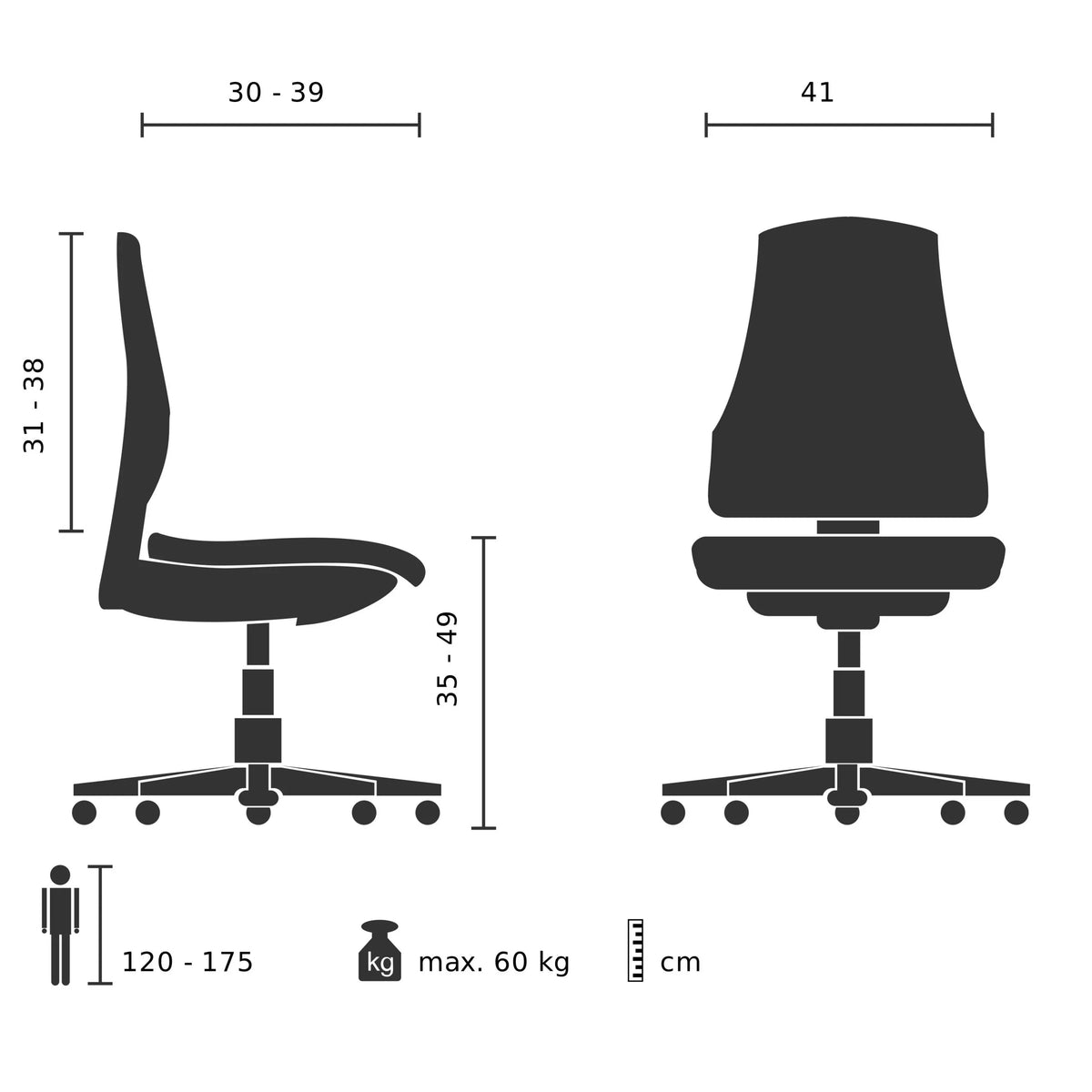 Dessin technique de la Chaise pivotante pour des enfants MINIMOVO d'une largeur de 41 cm de hjh OFFICE