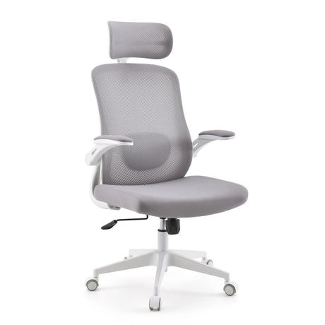 Siège de bureau à domicile Vertuflex en gris avec dossier en maille, appuie-tête et structure blanche de MyBuero