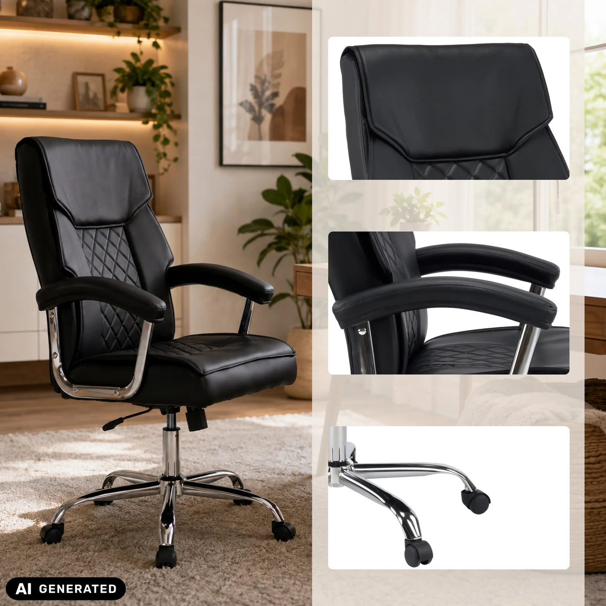 Siège de bureau à domicile Relax Prestio noir avec motif surpiqué, accoudoirs et piètement chromé à roulettes de MyBuero