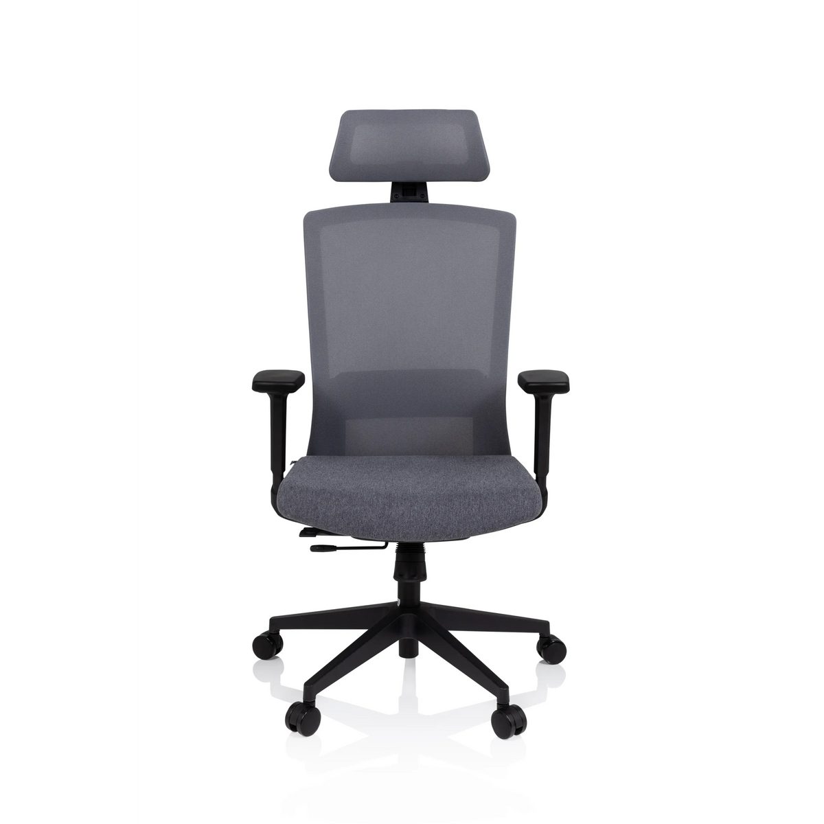 Siège de bureau de qualité professionnelle CAPTIVO gris avec dossier mesh, appui-tête et base à roulettes de hjh OFFICE – vue à 360° (vue de face 0°)