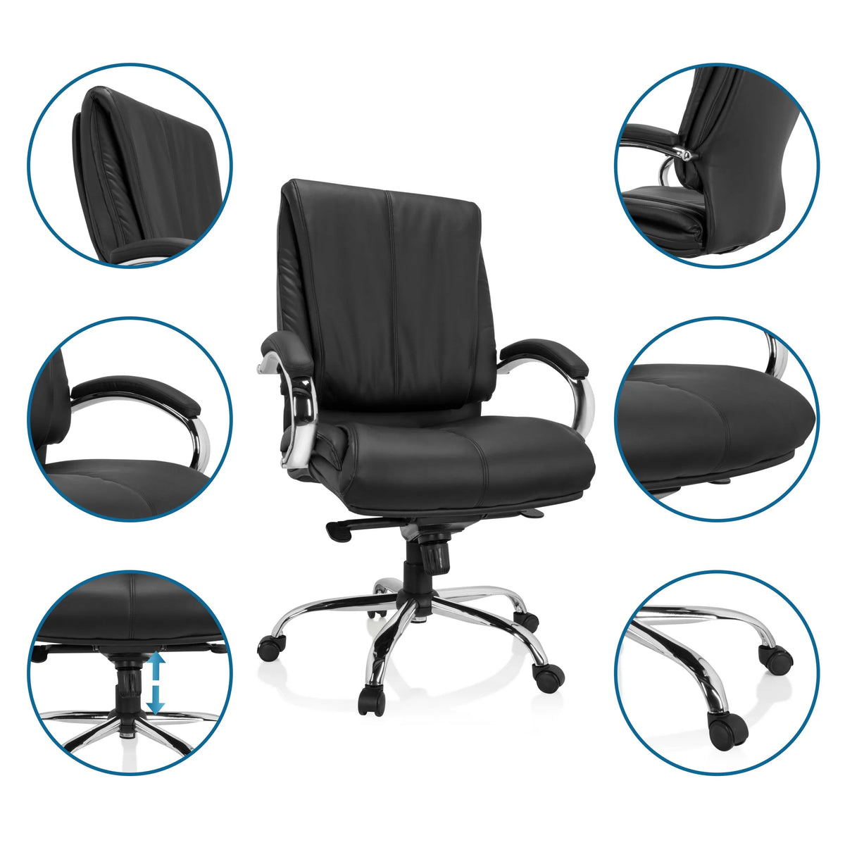 Siège pivotant XXL H 100 noir en similicuir avec différentes vues détaillées des fonctions de hjh OFFICE
