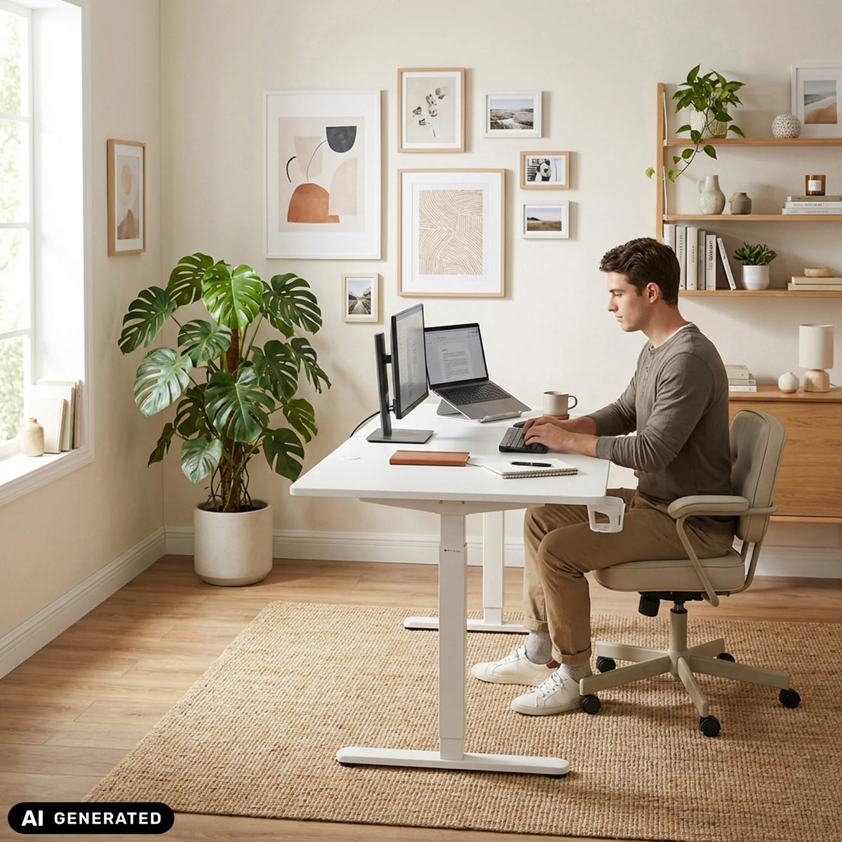 Bureau réglable en hauteur électriquement Worktime en blanc avec moniteur et ordinateur portable de hjh OFFICE (image générée par IA)