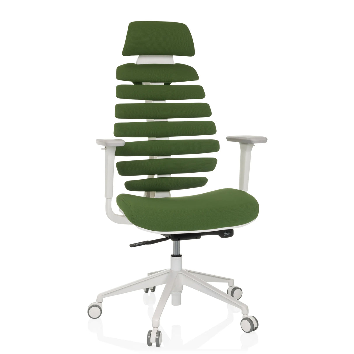 Siège de bureau de qualité professionnelle ERGO LINE W vert, dossier segmenté et base blanche à cinq roulettes de hjh OFFICE – vue à 360° (vue de face 15°)