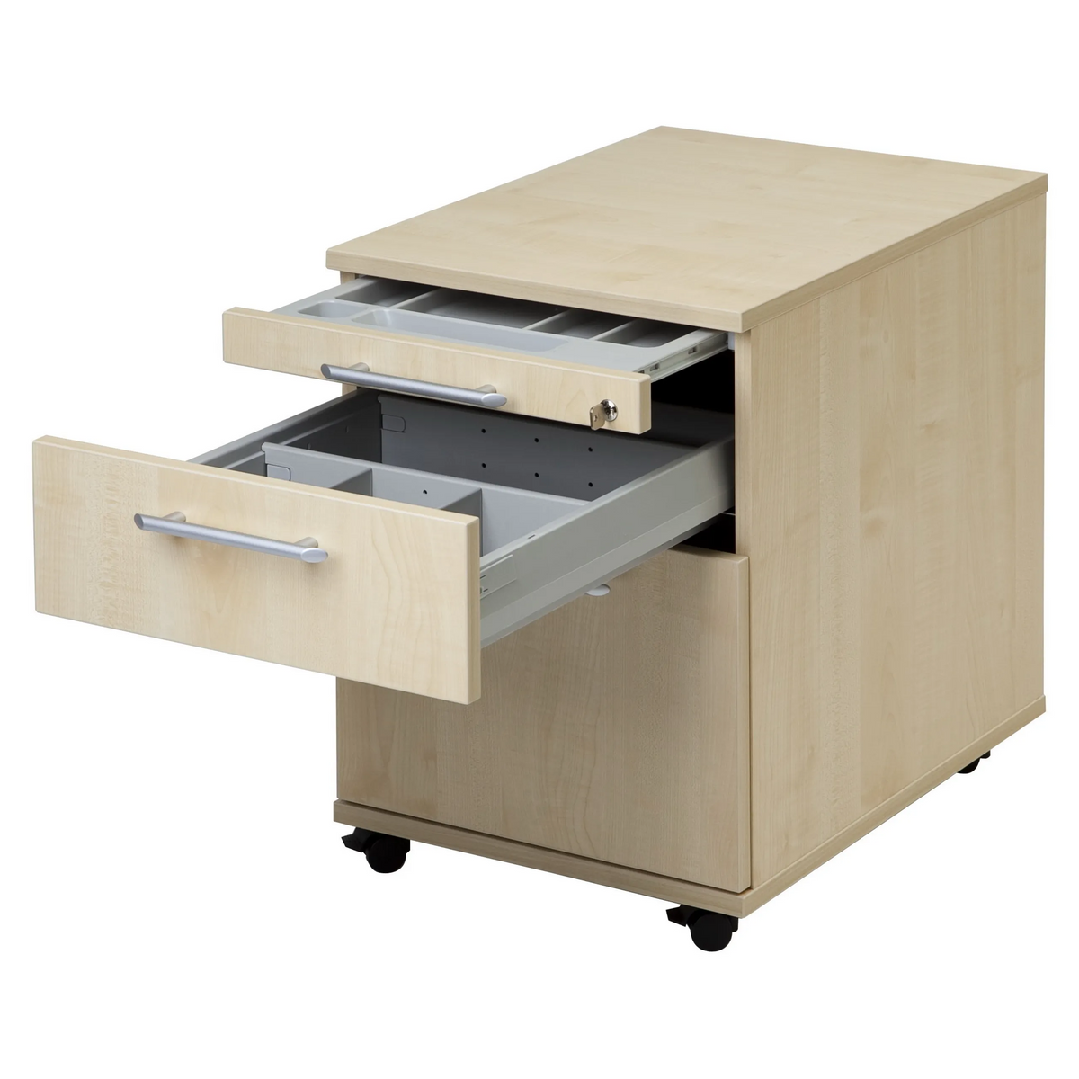 Caisson bureau sur roulettes SIGNA AC20 en chêne rustique avec deux tiroirs ouverts et poignées en arche de hjh OFFICE PRO