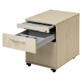 Caisson bureau sur roulettes SIGNA AC20 en chêne rustique avec deux tiroirs ouverts et poignées en arche de hjh OFFICE PRO